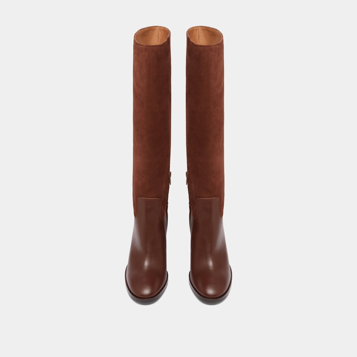 Heeled boots in cognac leather and suede | DOWN