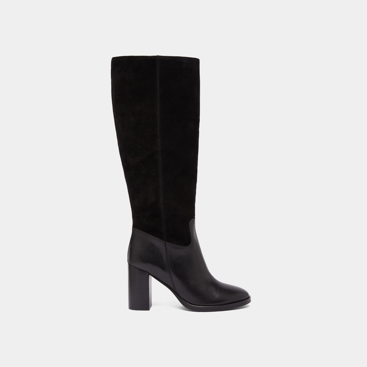 Heeled boots in black suede and black leather | DOWN
