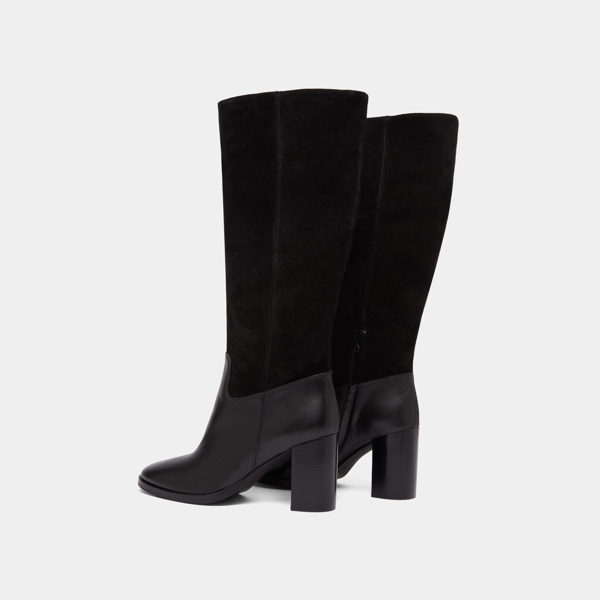 Heeled boots in black suede and black leather | DOWN