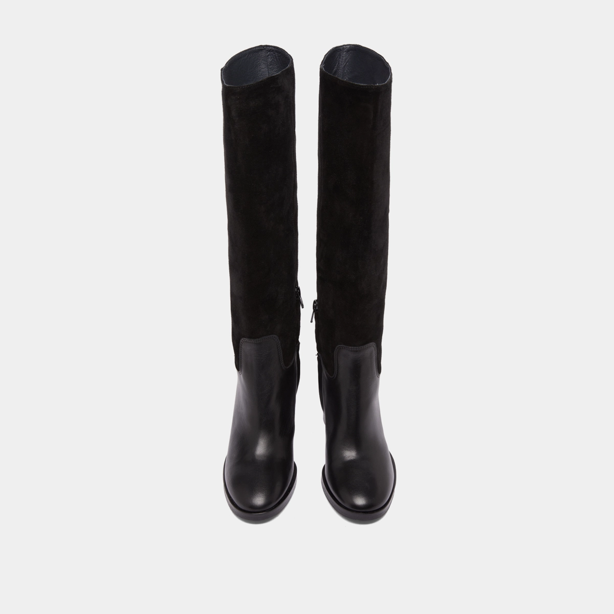 Heeled boots in black suede and black leather | DOWN