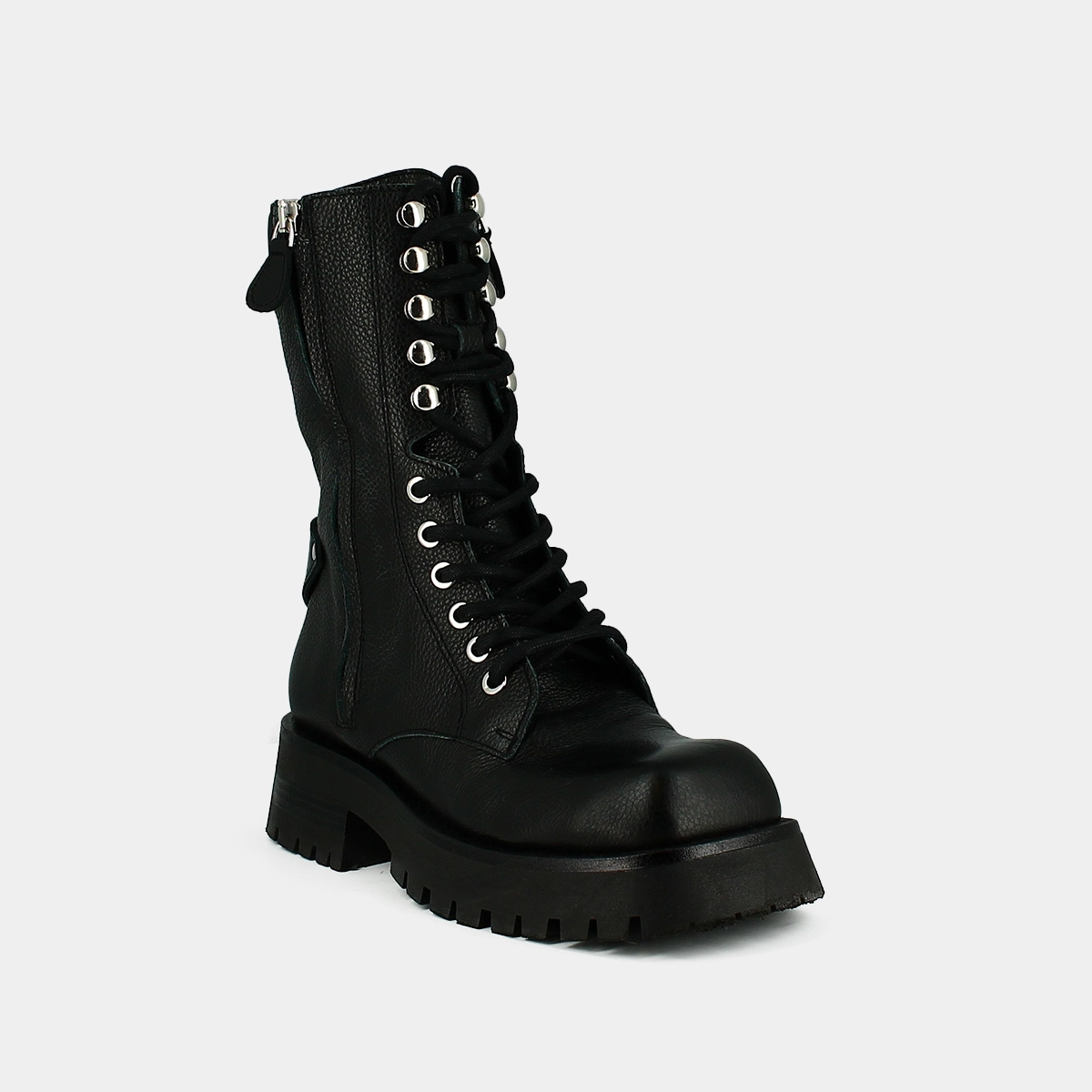 Ranger ankle boots with laces, zips and square toes - Jonak x Schott in black grained leather | BROADWAY
