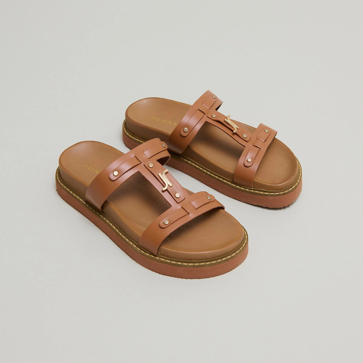 Platform sandals in cognac glazed leather | LUANA
