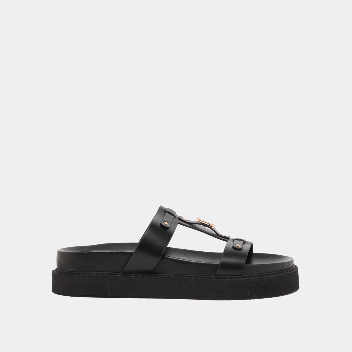 Platform sandals in black glazed leather | LUANA