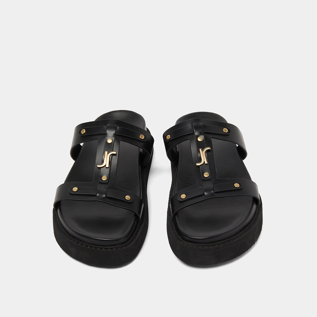 Platform sandals in black glazed leather | LUANA