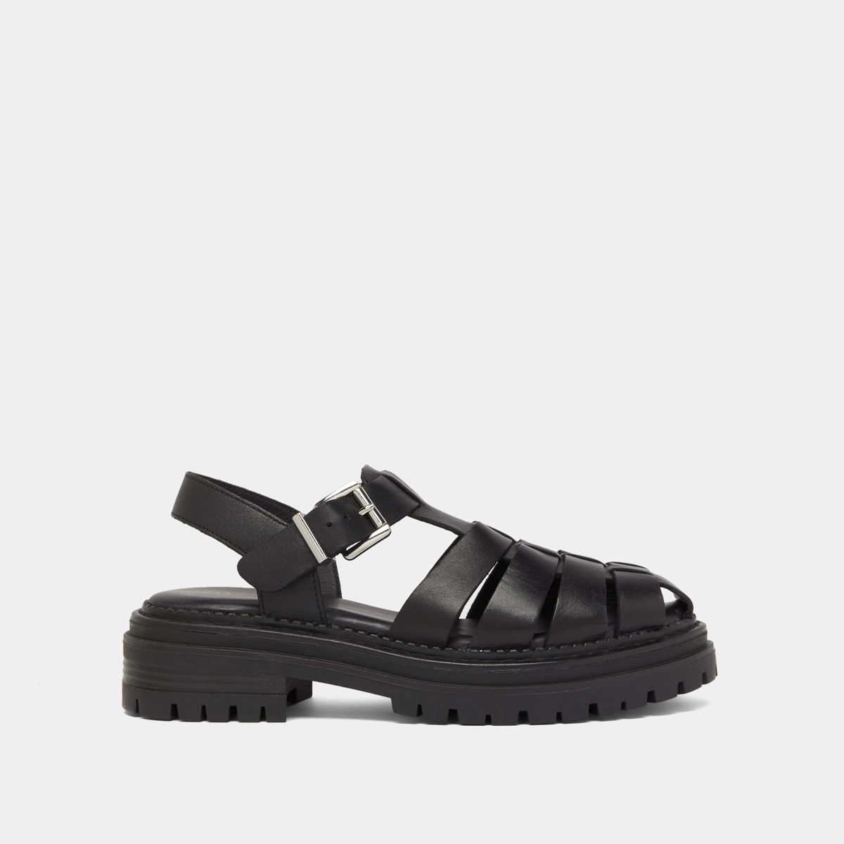 Platform sandals with wide straps in black leather | ABRAHAM
