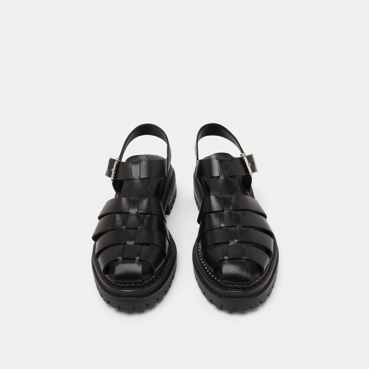Platform sandals with wide straps in black leather | ABRAHAM