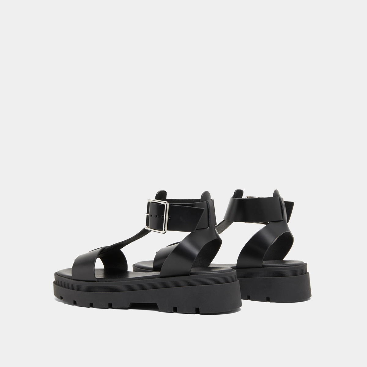 Platform sandals with thick straps in black glazed leather | LILLE