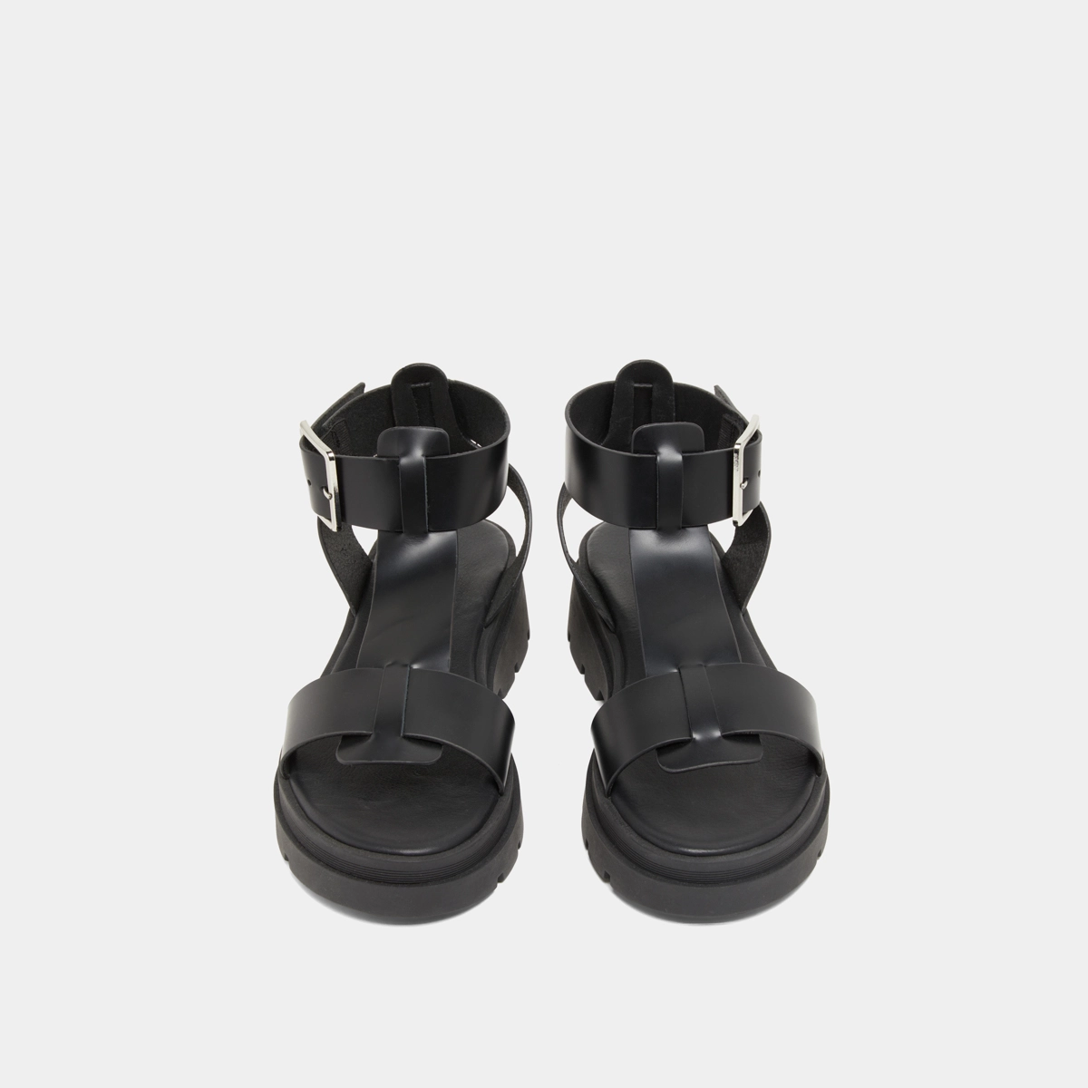 Platform sandals with thick straps in black glazed leather | LILLE