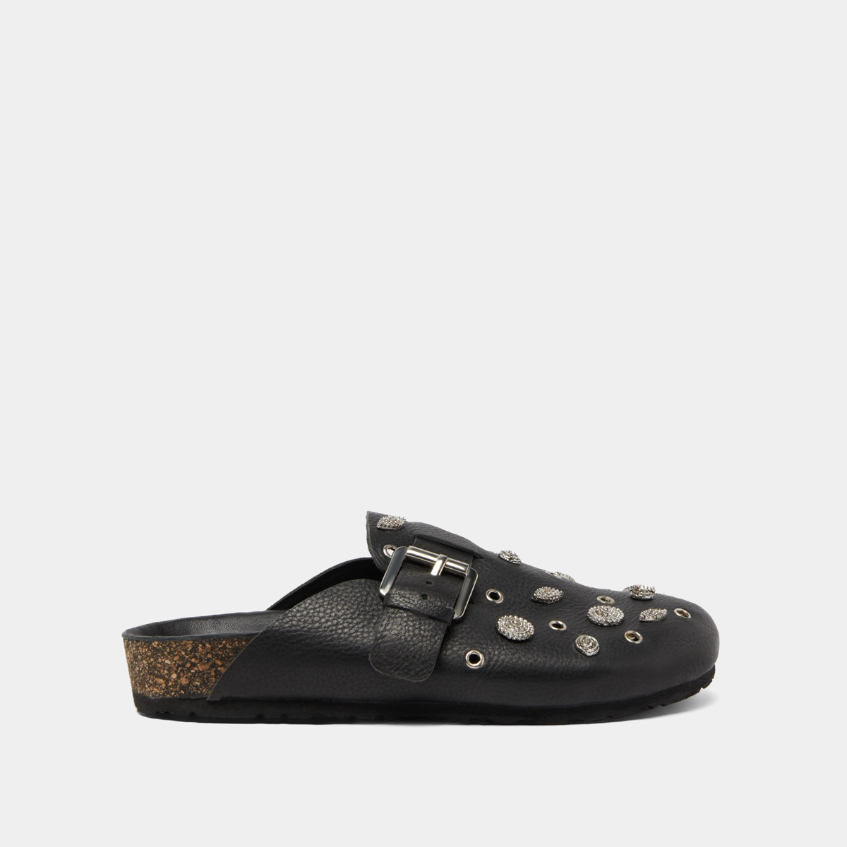Mules with silver details in black grained leather | WASILA
