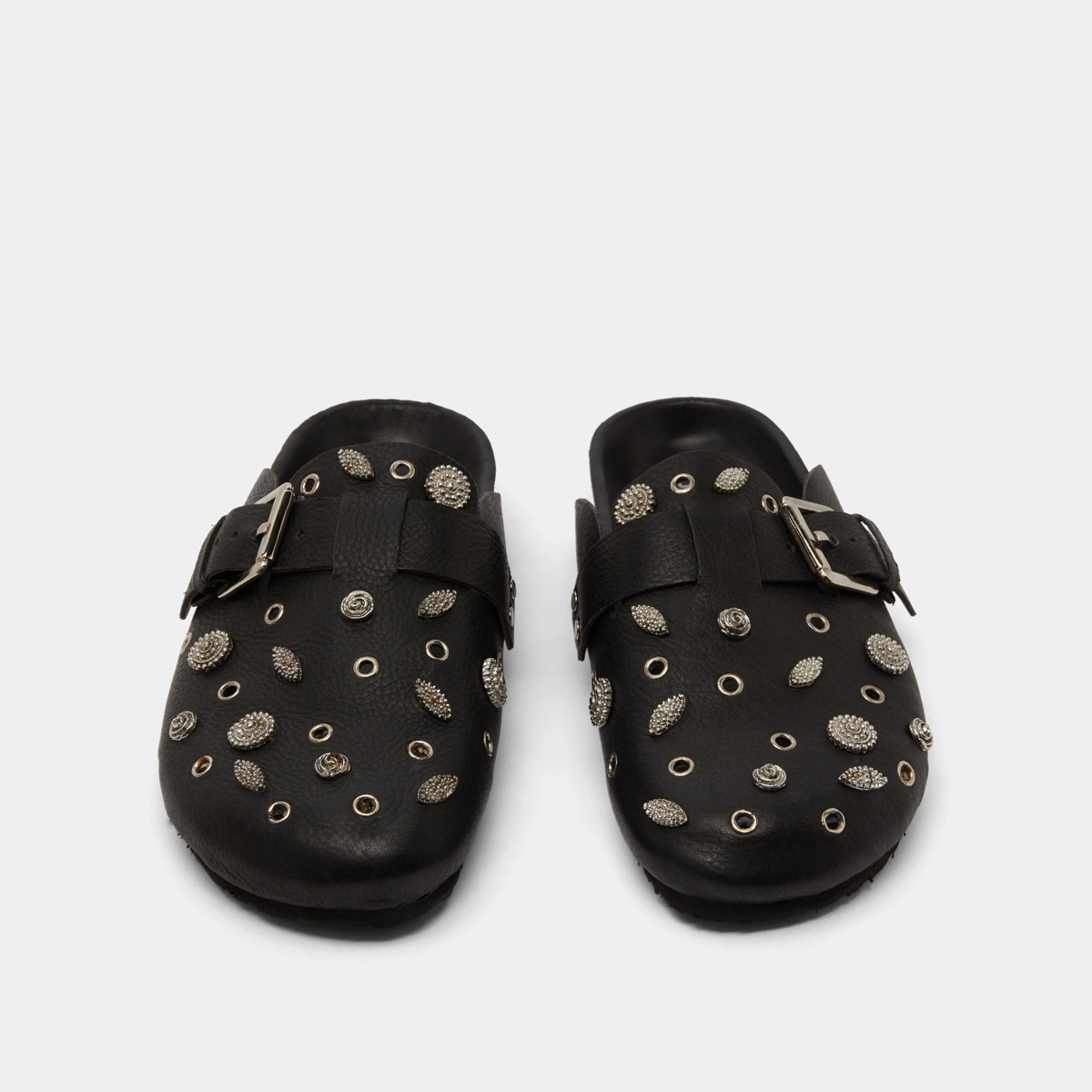 Mules with silver details in black grained leather | WASILA