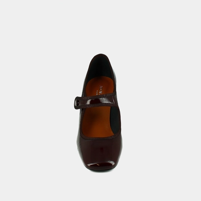 Heeled babies with big buckle straps in black pleated patent leather | drancy