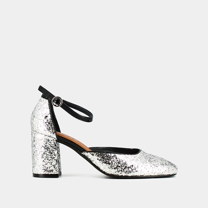 Mary jane with straps in silver and black glitter and patent | douggie