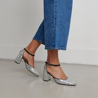 Mary jane with straps in silver and black glitter and patent | douggie