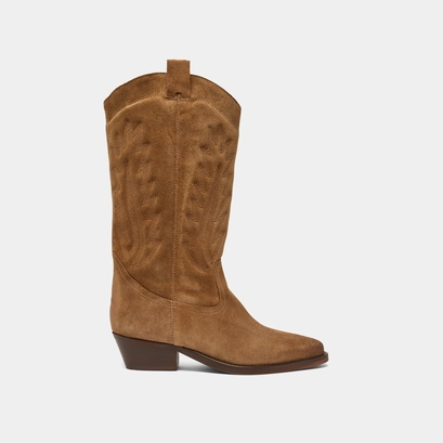 Pointed-toe boots with visible stitching in dark taupe suede | delea