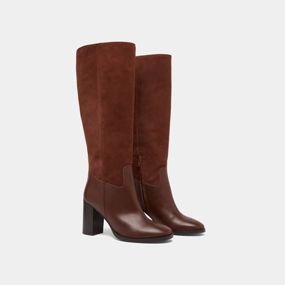 Heeled boots in cognac leather and suede | down