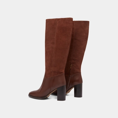 Heeled boots in cognac leather and suede | down