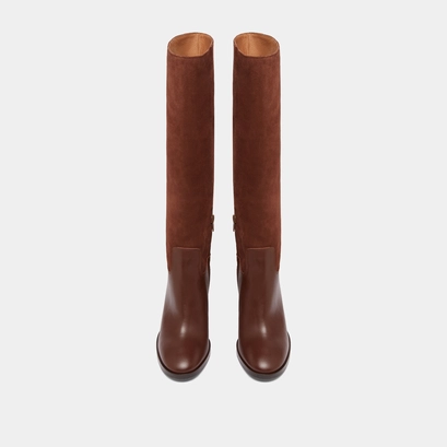 Heeled boots in cognac leather and suede | down
