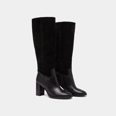 Heeled boots in black suede and black leather | down