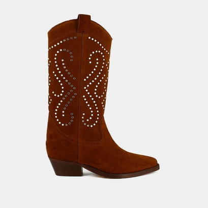 Boots with beveled heels in cognac suede | dynastie