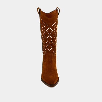 Boots with beveled heels in cognac suede | dynastie