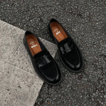 Round-toed college loafers - Jonak x Schott in black glazed leather | DISTRICT