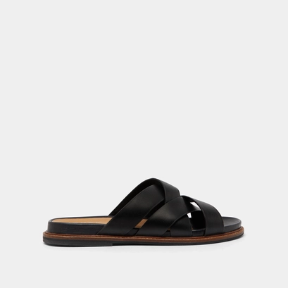 Mules with wide straps in black leather | alexandre