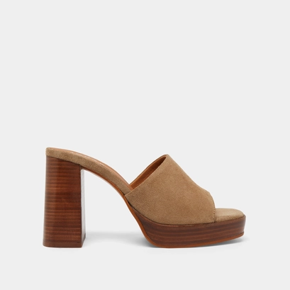 Open-toe mules with high heels in taupe suede | BOREAL