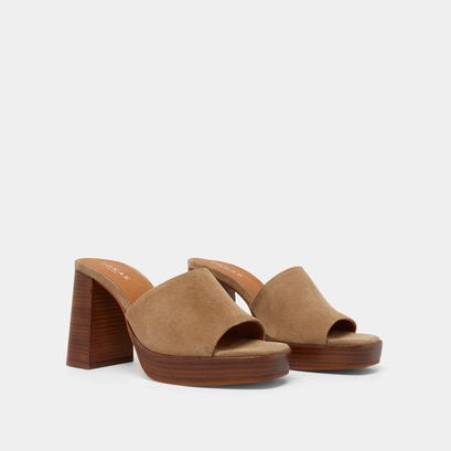 Open-toe mules with high heels in taupe suede | BOREAL