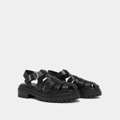 Platform sandals with wide straps in black leather | abraham