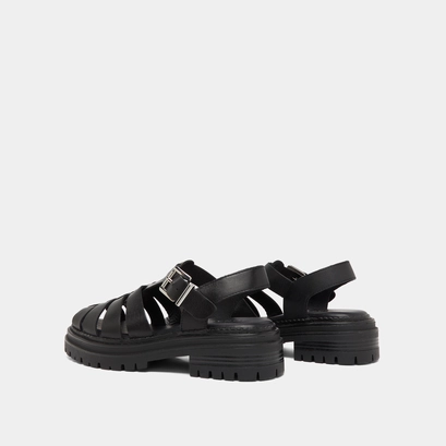 Platform sandals with wide straps in black leather | abraham