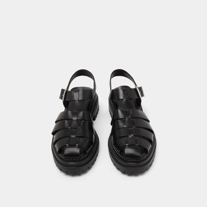 Platform sandals with wide straps in black leather | abraham
