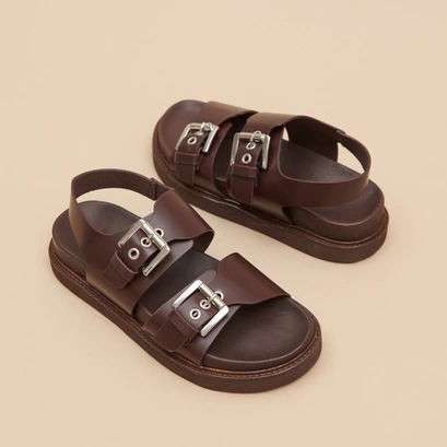 Double buckle sandals in dark brown glazed leather | LAGO