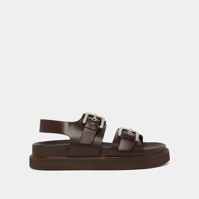 Double buckle sandals in dark brown glazed leather | LAGO