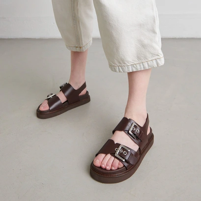 Double buckle sandals in dark brown glazed leather | LAGO