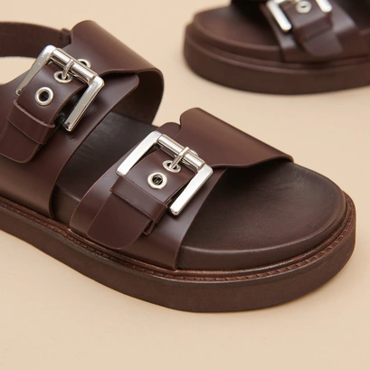 Double buckle sandals in dark brown glazed leather | LAGO