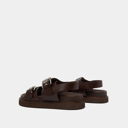Double buckle sandals in dark brown glazed leather | LAGO