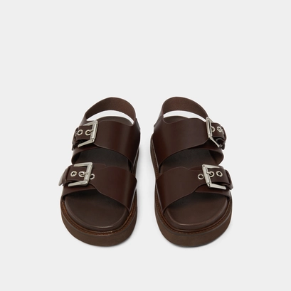Double buckle sandals in dark brown glazed leather | LAGO