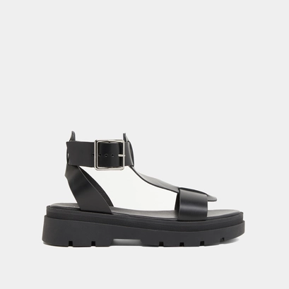 Platform sandals with thick straps in black glazed leather | lille
