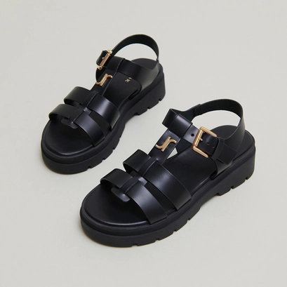 Platform sandals with monogram in black leather | LONDRES