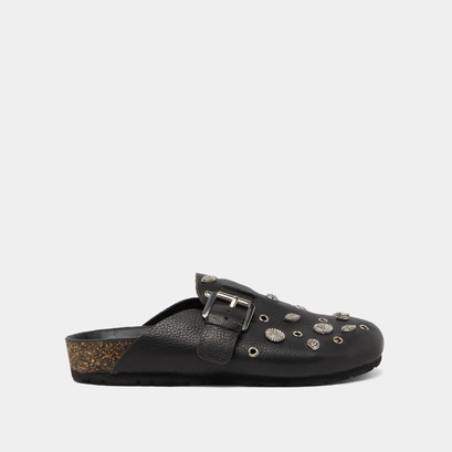 Mules with silver details in black grained leather | wasila