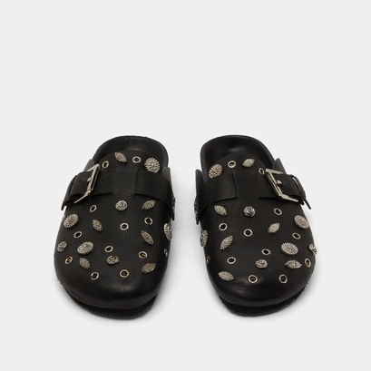 Mules with silver details in black grained leather | wasila