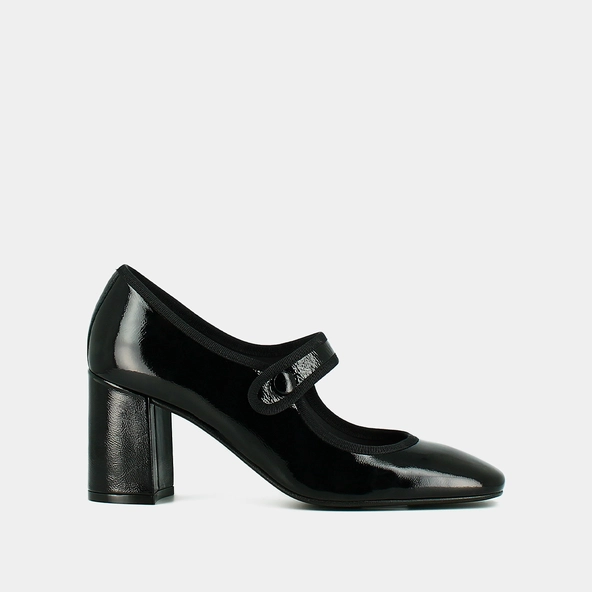 Heeled babies with big buckle straps in black pleated patent leather | DRANCY
