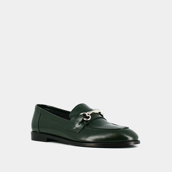 Loafers with silver bits in green glazed leather | DRAGUIGNAN