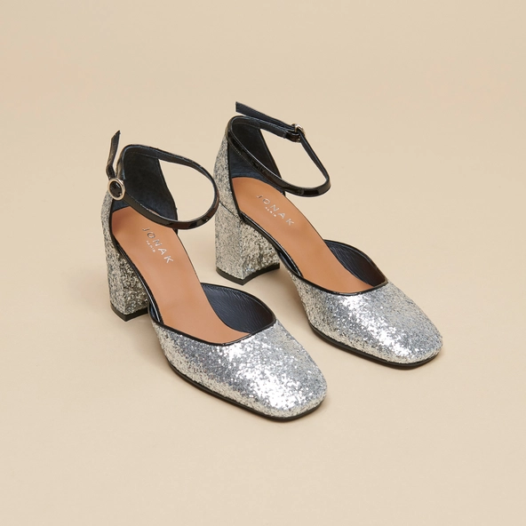 Mary Jane with straps in silver and black glitter and patent | DOUGGIE