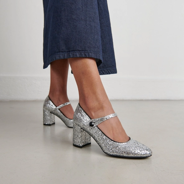 Heeled babies in silver and black glitter and patent | DAFT