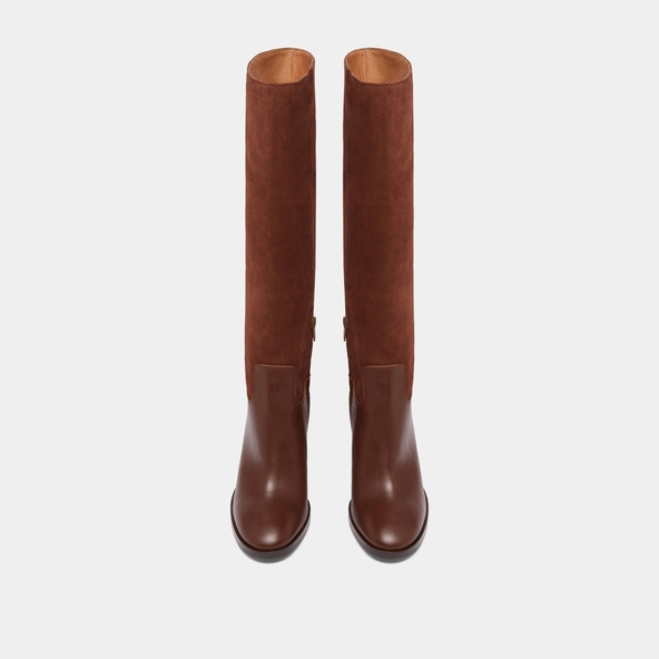Heeled boots in cognac leather and suede | DOWN