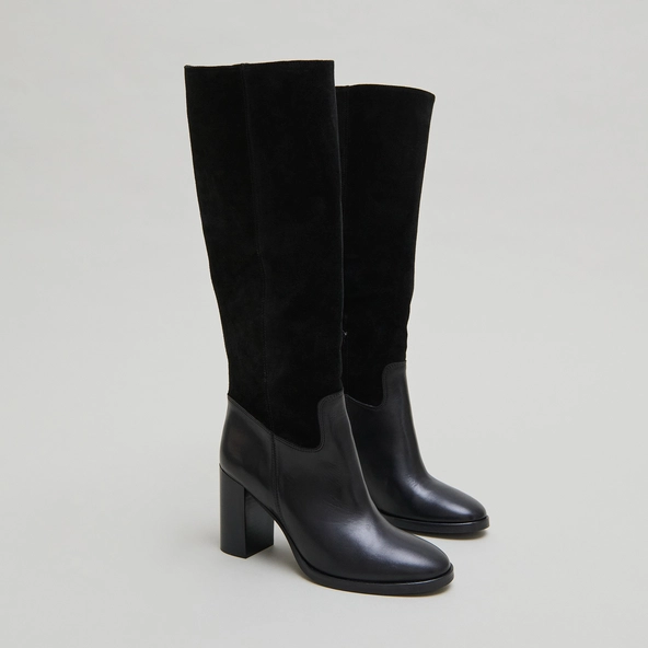 Heeled boots in black suede and black leather | DOWN