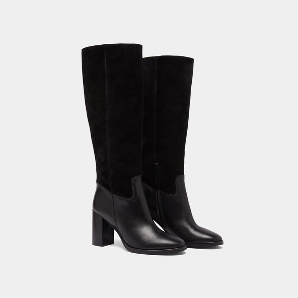 Heeled boots in black suede and black leather | DOWN