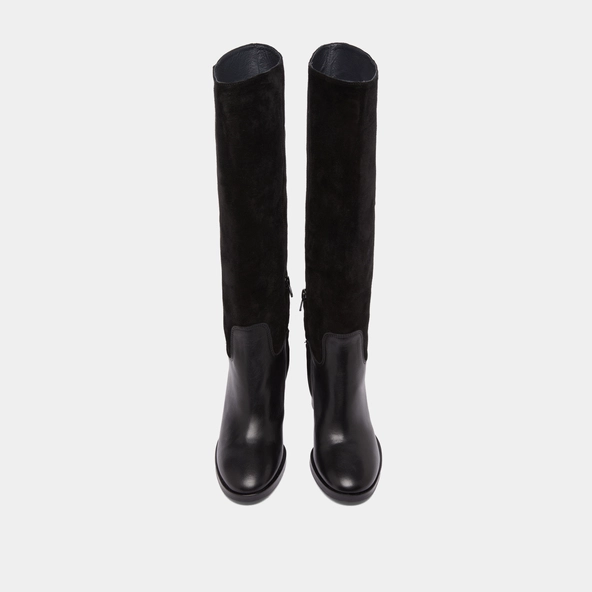 Heeled boots in black suede and black leather | DOWN