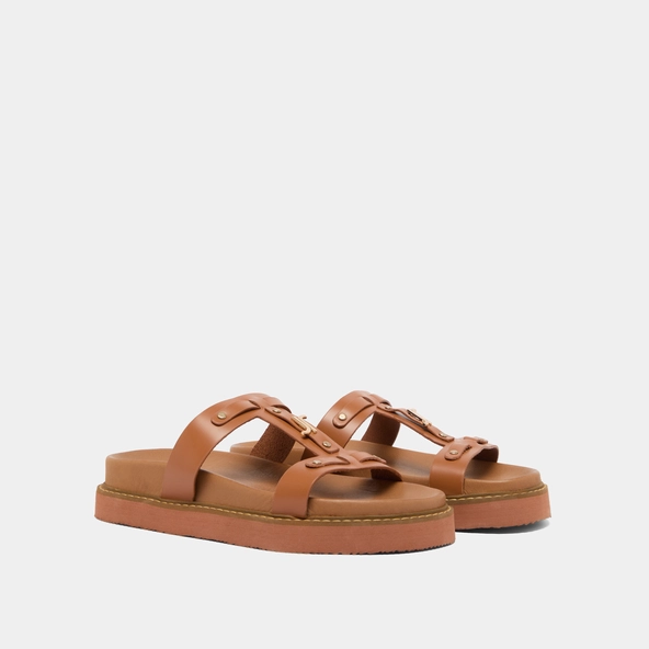 Platform sandals in cognac glazed leather | LUANA